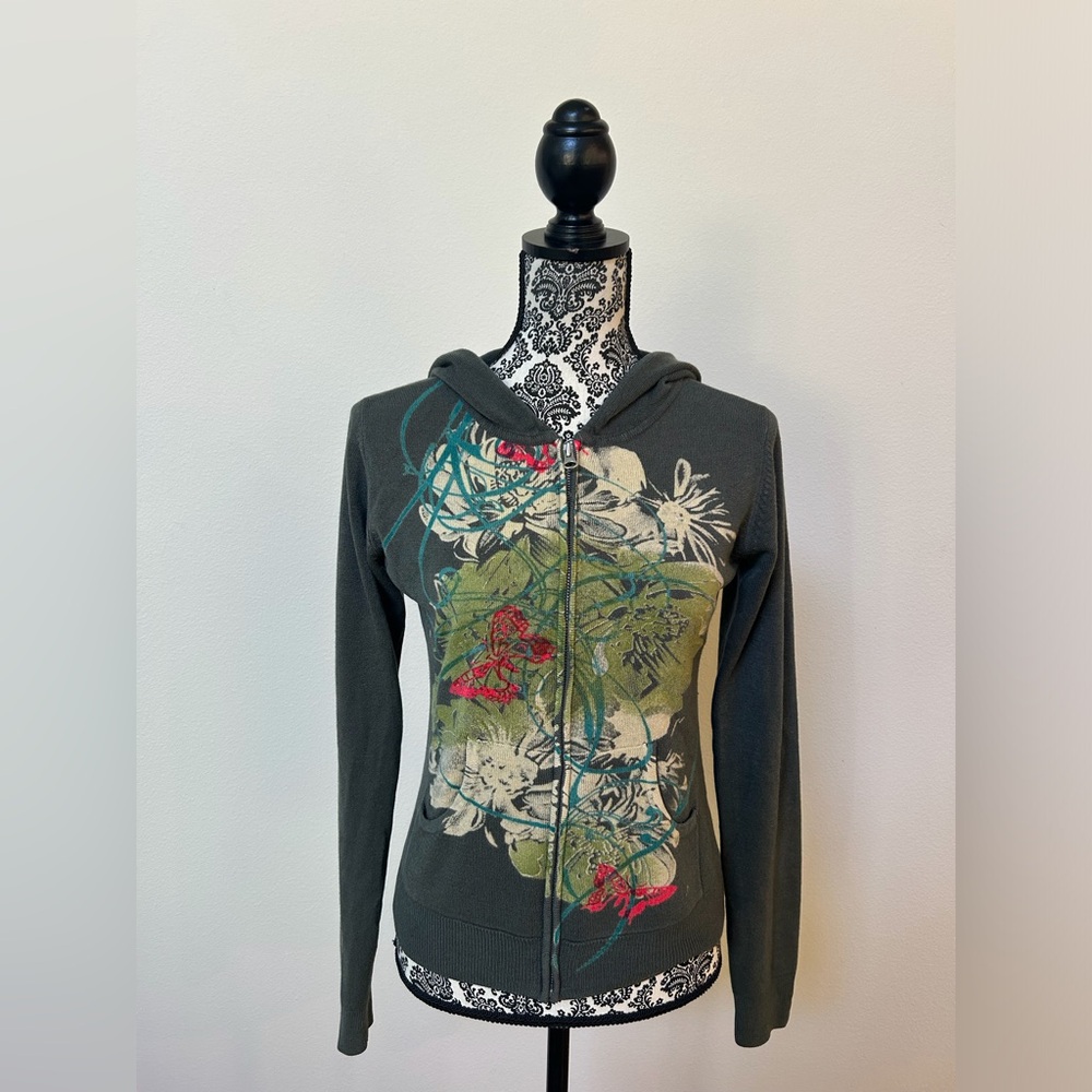 Till The End Butterfly Print Graphic Dark Gray/Green Zip Up Hoodie S